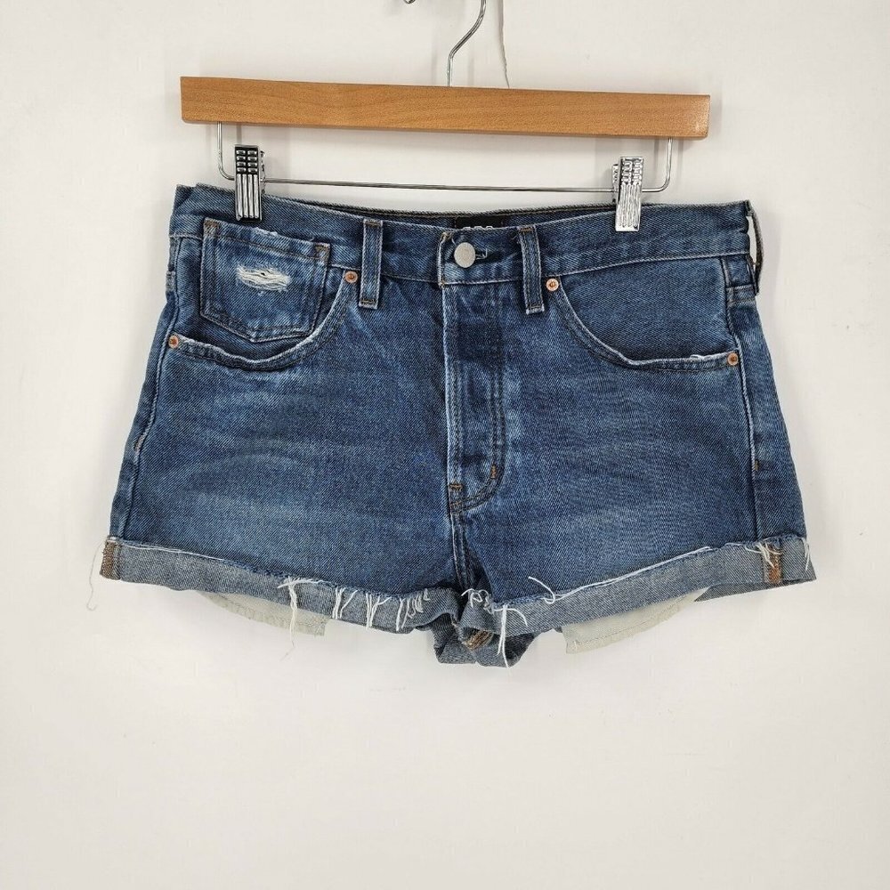 Urban Outfitters BDG‎ Blue Button Fly High Waisted Cuffed Raw Hem Shorts Size 28
